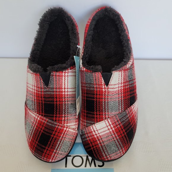 TOMS Mens Berkeley Faux Fur Lined Slip-On Slippers-Red Plaid- Men's Size 12 - Picture 3 of 15
